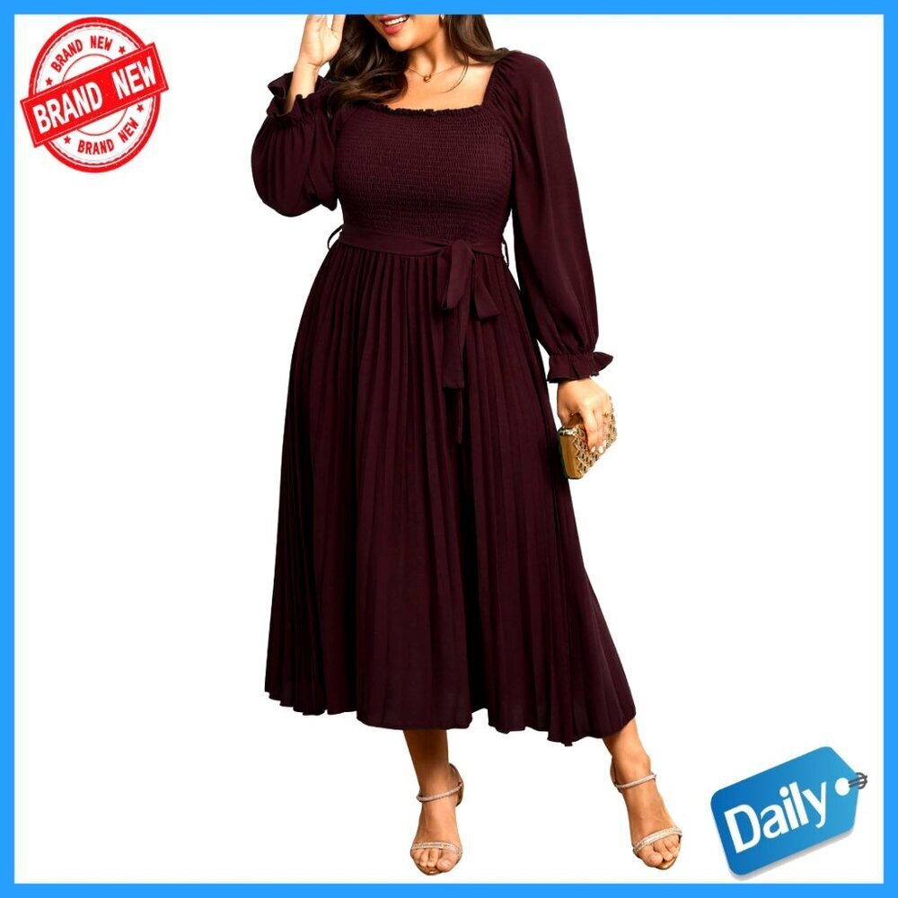 Plus Size Maxi Dress Long Sleeve Smocked Square Neck Ruffle Pleated Flowy